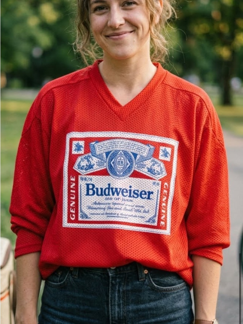 Budweiser Red Mesh Logo Jersey with Blue and White Graphic